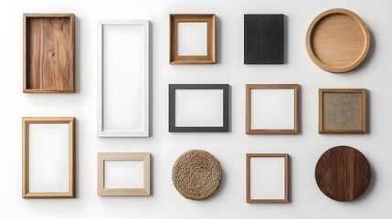 Poster - Assortment of various wooden frames on a clean white wall creating a minimalist gallery or home decor display mockup with copy space for design or product placement
