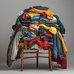 Poster - A chair completely hidden under a chaotic pile of clothing, with only the chair legs visible. The messy heap includes a variety of garments such as hoodies, t-shirts, sweatshirts, and sweatpants