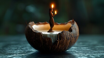 Poster - 3d blended digital image showcasing a coconut cut in half where the milk forms a graceful woman holding a candle captured in stunning detail with a dark minimalistic background