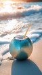 © KarpenArt Studio - A blue coconut shell with a straw and water droplets on it sits on a sandy beach.