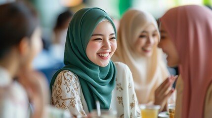 Photograph of a group of young Muslim women wearing hijabs, sitting at a table and having a conversation in a restaurant with a happy expression