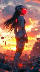 Poster - 3d cartoon woman with long black flowing hair performing a DAB pose in a silver plug suit with red accents mecha boots neon red headset standing amidst destroyed rubble at sunset debris flying