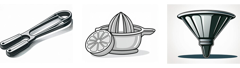 Poster - Three grayscale icons depict kitchen utensils: tongs, a citrus juicer, and a funnel.  Simple, minimalist design.