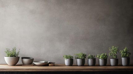 Wall Mural - Rustic kitchen countertop with herbs in pots against a textured wall.