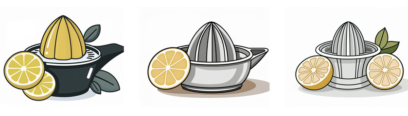 Poster - Three lemon juicers with lemons and leaves, kitchen utensils icons.