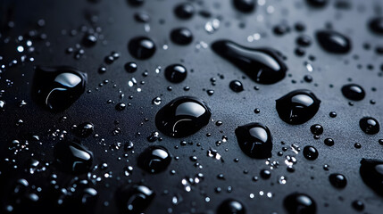 Poster - Close-up of water droplets on a dark surface, showcasing reflections and textures, creating a visually striking and moody effect