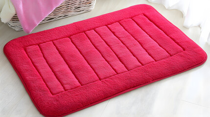Poster - A vibrant red bath mat with a plush texture, featuring a striped design, complementing the soft decor of a bathroom setting