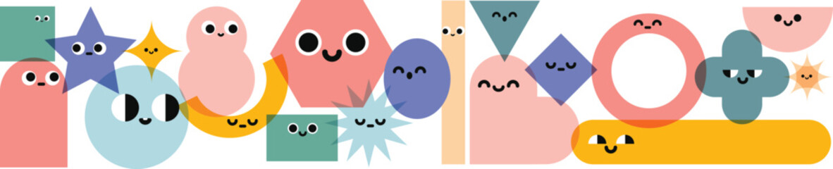 Fototapete - Hand Drawn Abstract Shapes with Funny Comic Characters. Colorful Cartoon Vector Set for Posters, Logos, and More.