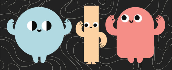 Fototapete - Hand Drawn Abstract Shapes with Funny Comic Characters. Colorful Cartoon Vector Set for Posters, Logos, and More.