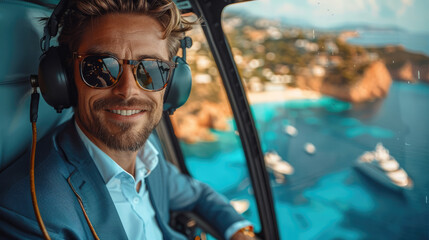 Canvas Print - Happy reporter in suit with a microphone in a helicopter reports while leaning out of a door, filming a beautiful island.