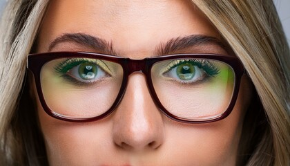 Wall Mural - detail of beautiful green-brown eyes, wearing narrow glasses, AI