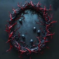 Poster - 3d mirror decorated with twisted redblack thorns interwoven vines wrapping around realistic souls screaming within the mirrors reflection set against a black backdrop for dramatic effect