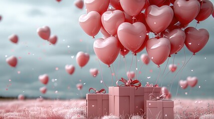 Poster - Love concept. 3D heart shaped balloons flying with gift boxes on a pink background for Valentine's Day.