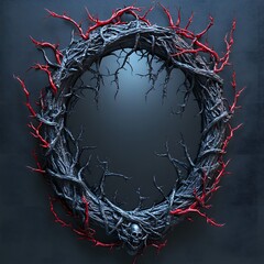 Poster - 3d mirror decorated with twisted redblack thorns interwoven vines wrapping around realistic souls screaming within the mirrors reflection set against a black backdrop for dramatic effect