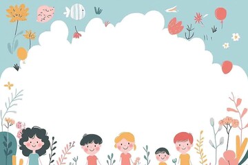 Poster - A playful background with colorful illustrations of children playing around the borders, leaving a blank space in the middle for text, perfect for kid-themed content	
