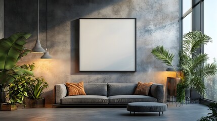Aufkleber - Cozy and modern living room design featuring an industrial style interior with a plush sofa lush potted plants and a minimalist yet sophisticated decor
