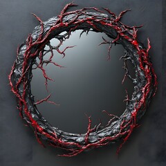 Poster - 3d mirror decorated with twisted redblack thorns interwoven vines wrapping around realistic souls screaming within the mirrors reflection set against a black backdrop for dramatic effect