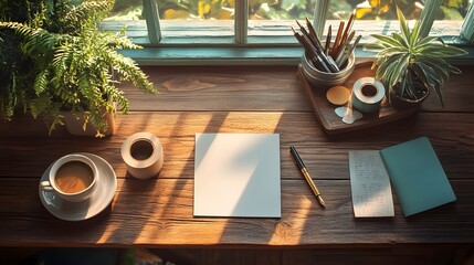 Poster - Cozy wooden desk with various office and stationery supplies including pens pencils notebooks and a potted plant creating a relaxing and productive workspace