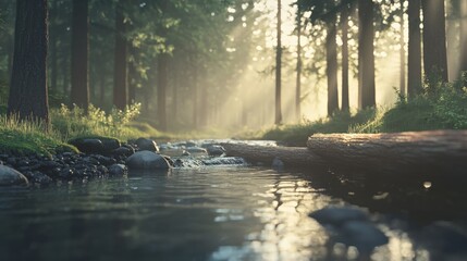 Poster - Golden sunlight filters through the trees, creating a magical atmosphere as it illuminates a pristine river flowing through a tranquil forest at dawn, showcasing the serene beauty of nature