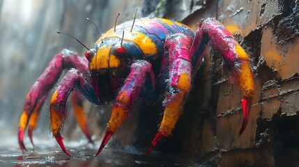 Poster - Bizarre insectlike figure vibrant with neon purples and yellows stands with its red claws and striped thorax A cracked stone wall and reflective ground enhance the dystopian otherworldly scene