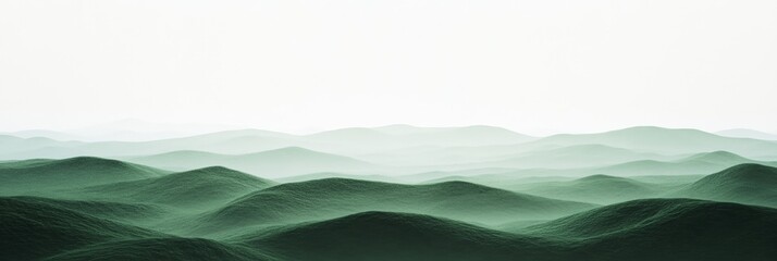 Poster - Gentle, undulating green hills stretch out as far as the eye can see, gradually fading into a misty, ethereal distance, creating a serene and tranquil landscape