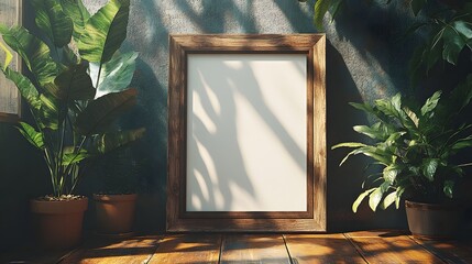 Fototapete - Elegant framed tropical leaves and lush indoor plants creating a cozy and serene minimalist home decor or office atmosphere