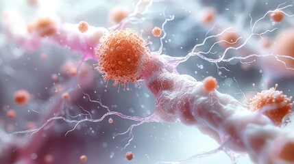 Poster - Clean 3D render of a microscopic cancer attack, highlighting the delicate interaction between cancer cells and healthy tissue.