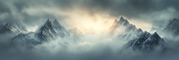 Poster - Sunlight filtering through a cloudy sky illuminates majestic, snow capped mountain peaks, crafting a breathtaking and ethereal landscape that captivates with its tranquil beauty