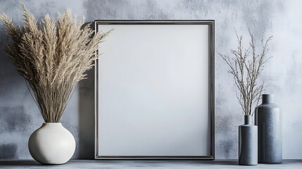 Aufkleber - Elegant minimalist floral arrangement with wooden vase and branches displayed against a grey textured wall  The simple natural elements create a serene contemporary and refined atmosphere