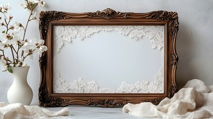 Aufkleber - Elegant ornate vintage style wooden frame displayed on a white wall with a decorative vase of flowers  The frame has an intricate detailed and ornate design