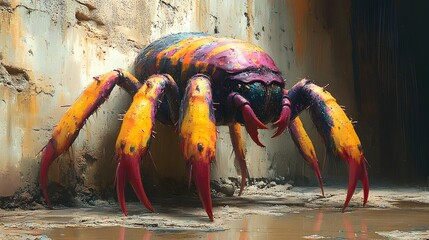Poster - Bizarre insectlike figure vibrant with neon purples and yellows stands with its red claws and striped thorax A cracked stone wall and reflective ground enhance the dystopian otherworldly scene