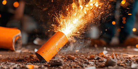 Wall Mural - Exploding Orange Firework Cylinder with Sparks and Debris