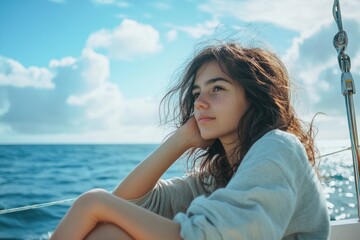 Wall Mural - Woman on boat in ocean