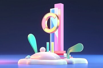 Poster - Abstract pastel 3D render of a stylized island with geometric shapes and a life preserver.
