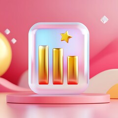 Poster - Golden Bar Graph Icon with Star, 3D Render, Pink Background