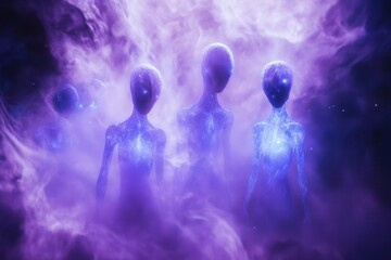 Wall Mural - ethereal bioluminescent aliens with translucent skin and crystalline features emerge from a misty purple nebula, their elegant forms silhouetted against swirling cosmic gases