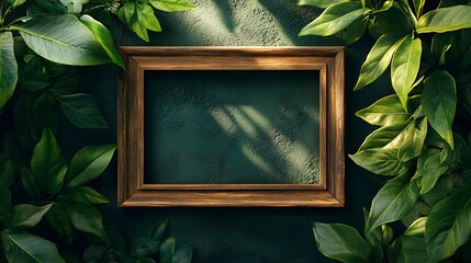 Poster - Lush green foliage and leaves framed within a rustic wooden border creating a natural serene and calming backdrop for interior design home decor and photography