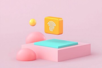 Poster - Abstract 3D Render of Pastel Shapes with Fingerprint Icon