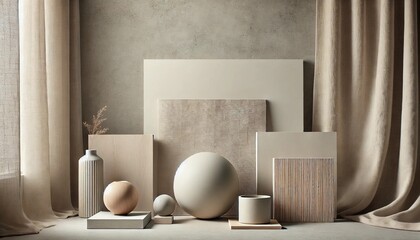 Wall Mural - A wide, high-resolution image showcasing minimalist textures, including smooth concrete, subtle linen fabric, soft matte paper, and gentle wood grain