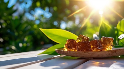 Wall Mural - Amber Brown Sugar Cubes on Wooden Spoon Outdoors