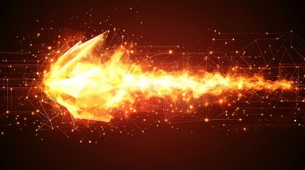 Digital Flame On Red Technology Background. Abstract Energy, Lines, Connected Dots, And Triangles.