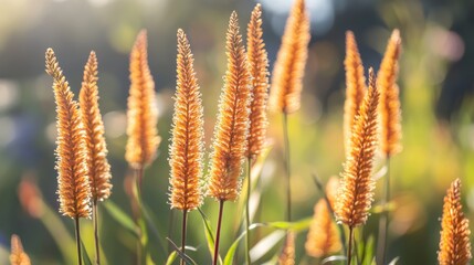 Poster - Warm sunlight illuminating foxtail amaranth during a stunning summer sunset, creating a captivating and vibrant natural background filled with golden hues and serene beauty