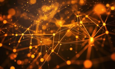 Poster - Abstract network connections glowing in orange hues, intricate lines and dots creating a digital landscape, representing technology and data flow
