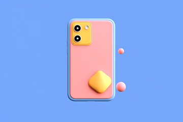 Poster - Pastel Pink Smartphone with Yellow Camera and Geometric Shapes