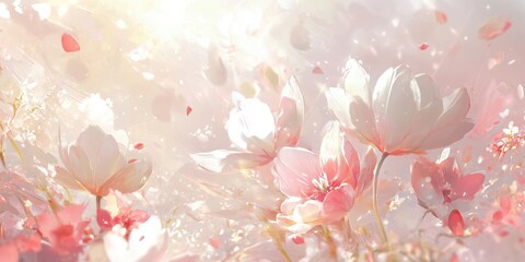 Poster - Delicate Blossoms in Soft Pastel Hues, Ethereal Floral Scene with Pink and White Flowers, Gentle Petals Floating, Dreamy Background