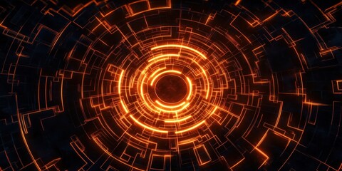 Poster - Abstract digital circular pattern with glowing orange lines and intricate geometric shapes, creating a futuristic technology design