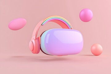 Poster - Pastel Pink VR Headset with Rainbow Headband and Floating Spheres
