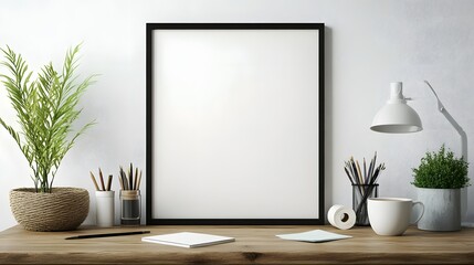 Poster - Minimalist and modern workspace with blank frame mock up office supplies and a small plant on a wooden table  The clean and organized setting provides for creative productive and professional work