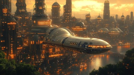 Sticker - Futuristic Cityscape at Sunset: A Spaceship Soaring Over Illuminated Towers and Canals