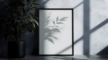 Poster - Minimalist botanical shadows cast on a monochrome wall with a framed natural artwork display and a green potted plant creating a calm elegant and contemporary home interior design